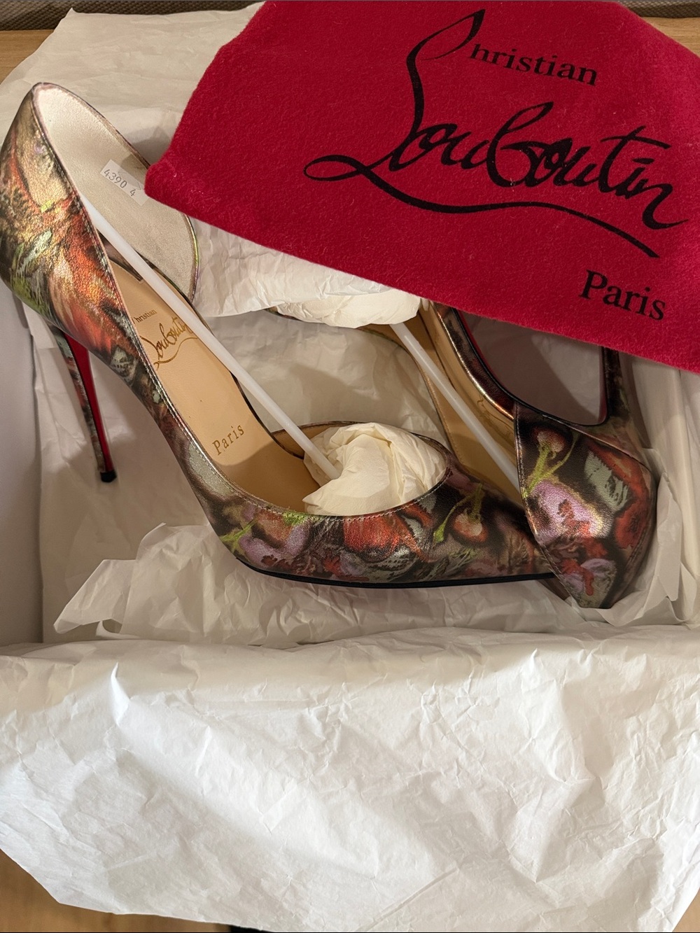 Christian Louboutin Metallic Floral Pointed-Toe Pumps - Red, Gold, Green